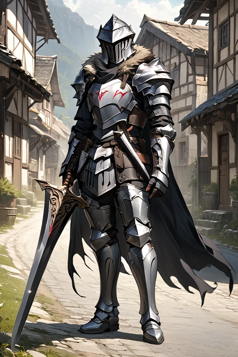 man,  Fairy Slayer , Holy Knight, heavy armor hand shield ,Single-Handed Sword ,Fur collar , black cape background on village and country road, Full Body View , man,  Very detailed,  high detail