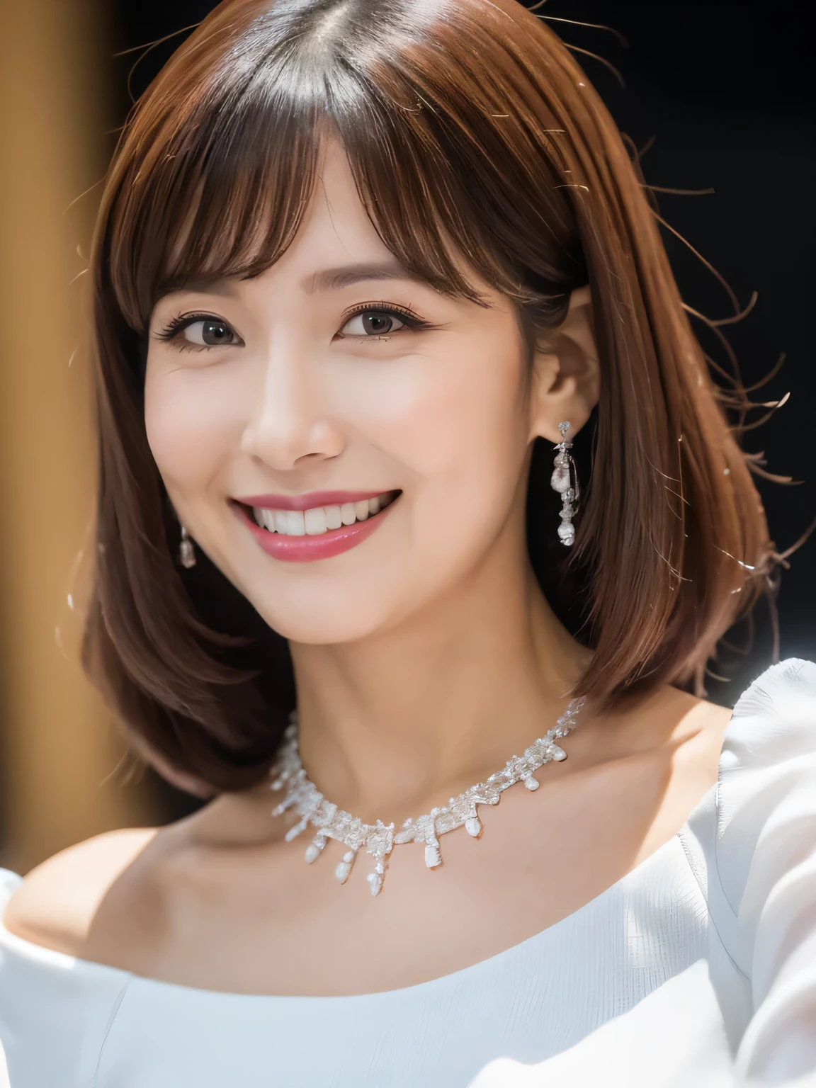 (Solo:1.3),8K, Best quality, Masterpiece, Realistic, Super detail, f/1.2, 85mm, Nikon, Smiling woman with shiny hair, Natural makeup, 50 years old woman, white off-shoulder tops，Ruffled sleeves, Diamond pendant necklace, Emphasize chest, waist shot,