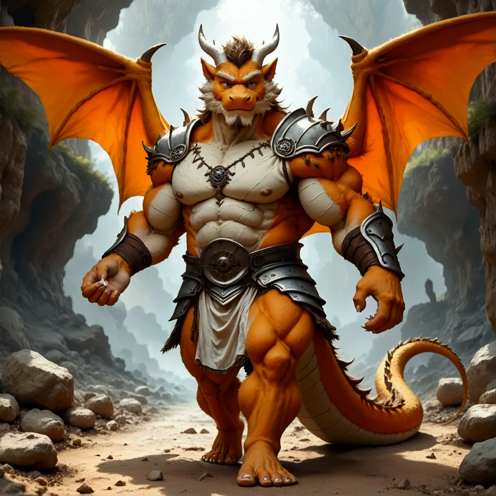 character focus, full body, looking away, dynamic angle, dragon, a muscular middle-aged dragon man, dragon wings, dragon muzzle, dragon face, happy, light smile, costume clothes, armor, shirt, loincloth, rushing wind, hold with both hands quantum electromagnetic life form sacred sphere, flying, spinning fly, dynamic pose, BREAK complete anatomy, perfect proportions, beautiful thigh gap, fluffy body, intricate fur details, beautiful fur texture, BREAK a detailed dragon one tail, detailed toe, 5toes, 5toes nails, beautiful foot, detailed hands, 5fingers, 5fingers nails, BREAK aesthetic anime face, insanity detailed face, male face, big face, square jawline, aesthetic anime eyes, detailed brown eyes, detailed brown cornea, detailed dark brown irises, detailed pupils, male eyes, big eyes, male eyebrows, innocent look, beautiful beard, BREAK full body in Michelangelo Buonarroti style, digital illustration anime, housamo style, detailed painting landscape, twilight, kaleidoscopic swirls, france, outdoor, full body, HDR, BREAK masterpiece, official art, best quality, very aesthetic, absurdres, super fine illustration, great quality, BREAK noise reduction, very highres, large filesize, high quality, 32K, 8k wallpaper, dynamic lighting, BREAK insanity detailed, ultra detailed, intricate details, extremely detailed, detailed texture, an extremely delicate and beautiful, BREAK osukemo, e621 illustration, kemohomo, anthropomorphic, furry, cartoon, harmonious body, pastoral face, virtuous eyes, epic atmosphere