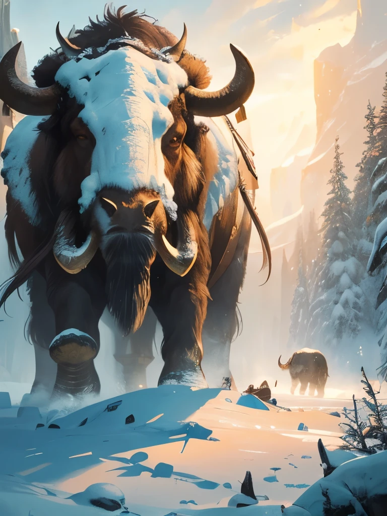 a close up of a mammoth with a long tusk in the snow, wojtek fus, viking shaman, mammoth, giant horns, by Ryan Barger, from pathfinder, the allfather, bison god, tauren, winter concept art, inspired by Ryan Barger, huge horns, by Jesper Ejsing, golden mammoth in a ruined city, best of artstation