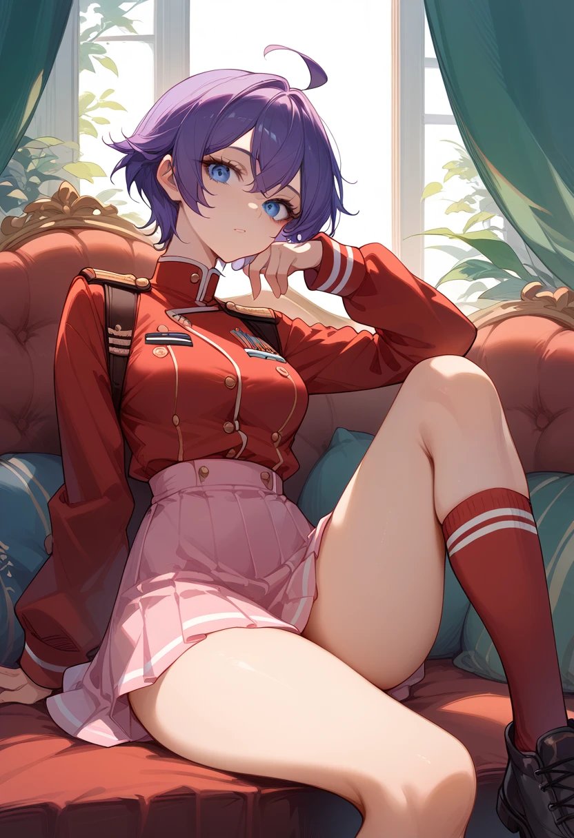 LunamariaHawke,1girl,purple hair,ahoge,short hair,blue eyes,　Red military uniform、 Pink Skirt、sit、 open legs、Sexy thighs、 knee-high socks for viewers、