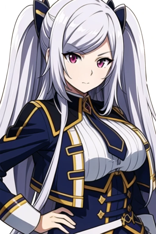 Simple White Background,
military, military uniform, blue jacket,white shirt,black necktie, 
red eyes, White hair,bangs,Long_hair,twintails, hair ornament, 
1 girl, 20yo,Young female,Beautiful Finger,Beautiful long legs,Beautiful body,
Beautiful Nose,Beautiful character design, perfect eyes, perfect face,expressive eyes,perfect balance,
looking at viewer,(Focus on her face),closed mouth, (innocent_big_eyes:1.0),(Light_Smile:0.3),
official art,extremely detailed CG unity 8k wallpaper, perfect lighting,Colorful, Bright_Front_face_Lighting,White skin,
(masterpiece:1.0),(best_quality:1.0), ultra high res,4K,ultra-detailed,
photography, 8K, HDR, highres, absurdres:1.2, Kodak portra 400, film grain, blurry background, bokeh:1.2, lens flare, (vibrant_color:1.2),professional photograph,
(Beautiful,large_Breasts:1.4), (beautiful_face:1.5),(narrow_waist),