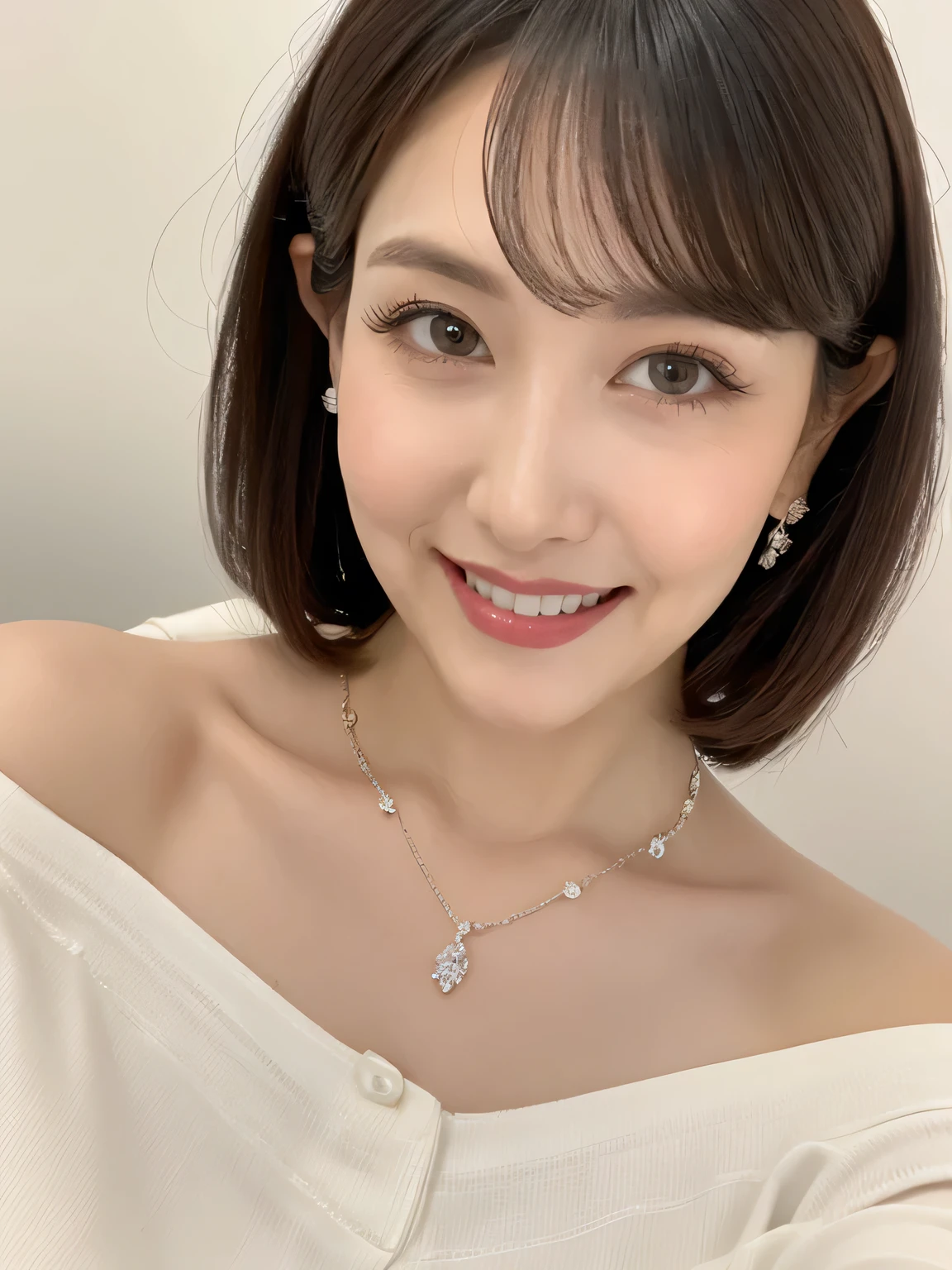 (Solo:1.3),8K, Best quality, Masterpiece, Realistic, Super detail, f/1.2, 85mm, Nikon, Smiling woman with shiny hair, Natural makeup, 50 years old woman, white off-shoulder tops，Ruffled sleeves, Diamond pendant necklace, Emphasize chest, waist shot,