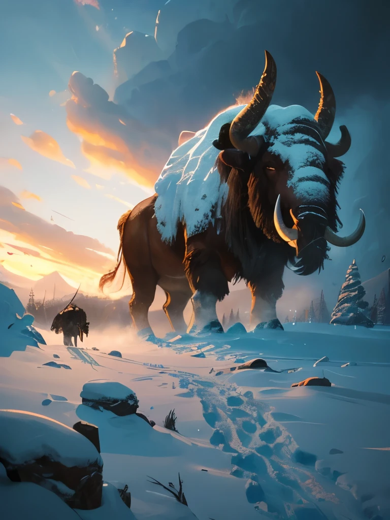 a close up of a mammoth with a long tusk in the snow, wojtek fus, viking shaman, mammoth, giant horns, by Ryan Barger, from pathfinder, the allfather, bison god, tauren, winter concept art, inspired by Ryan Barger, huge horns, by Jesper Ejsing, golden mammoth in a ruined city, best of artstation