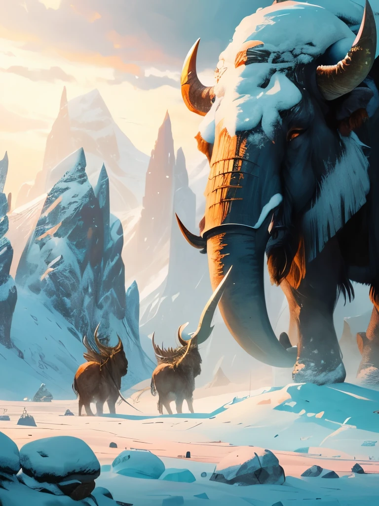 a close up of a mammoth with a long tusk in the snow, wojtek fus, viking shaman, mammoth, giant horns, by Ryan Barger, from pathfinder, the allfather, bison god, tauren, winter concept art, inspired by Ryan Barger, huge horns, by Jesper Ejsing, golden mammoth in a ruined city, best of artstation