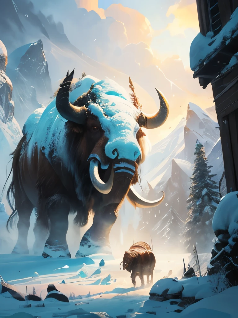 a close up of a mammoth with a long tusk in the snow, wojtek fus, viking shaman, mammoth, giant horns, by Ryan Barger, from pathfinder, the allfather, bison god, tauren, winter concept art, inspired by Ryan Barger, huge horns, by Jesper Ejsing, golden mammoth in a ruined city, best of artstation