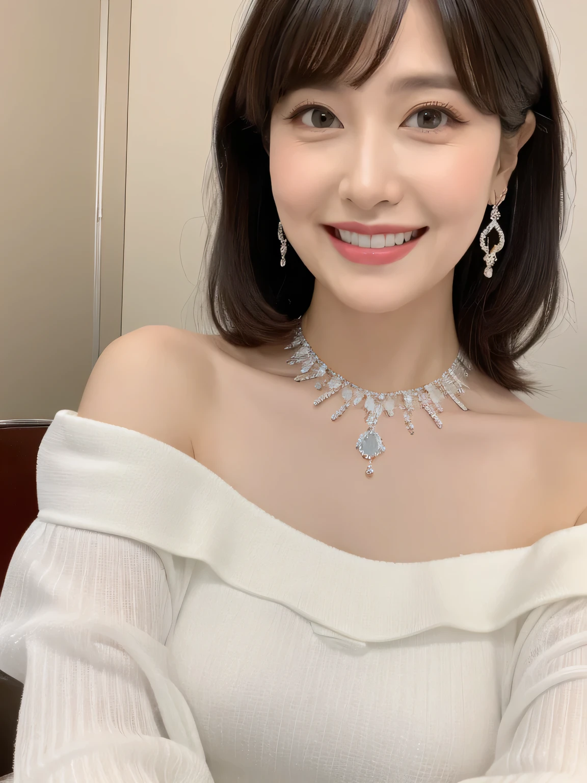 (Solo:1.3),8K, Best quality, Masterpiece, Realistic, Super detail, f/1.2, 85mm, Nikon, Smiling woman with shiny hair, Natural makeup, 50 years old woman, white off-shoulder tops，Ruffled sleeves, Diamond pendant necklace, Emphasize chest, waist shot,