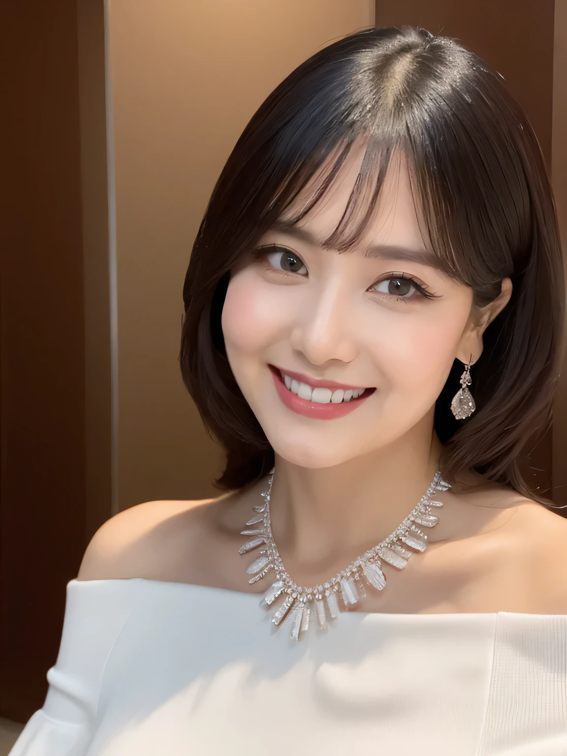 (Solo:1.3),8K, Best quality, Masterpiece, Realistic, Super detail, f/1.2, 85mm, Nikon, Smiling woman with shiny hair, Natural makeup, 50 years old woman, white off-shoulder tops，Ruffled sleeves, Diamond pendant necklace, Emphasize chest, waist shot,