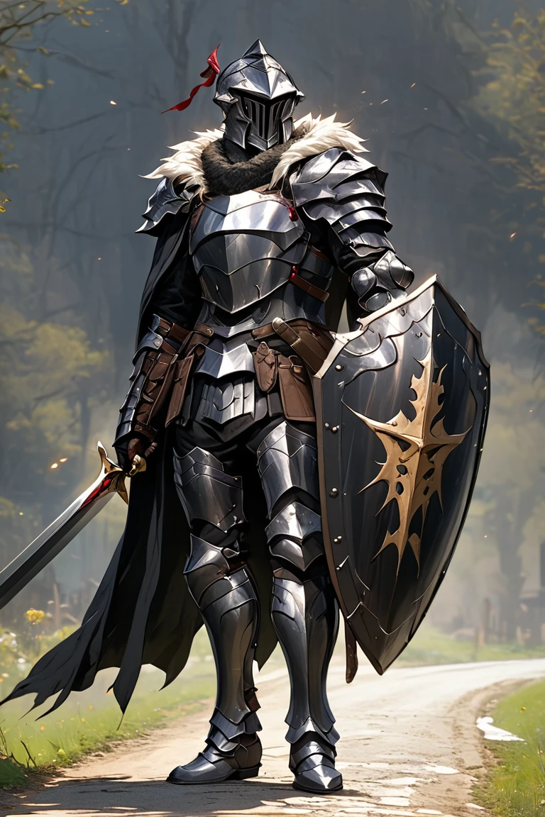 man,  Fairy Slayer , Holy Knight,Wears heavy armor(Metallic Black),Holding a shield,,Fur collar , black cape background on village and country road, Full Body View , man,  Very detailed,  high detail