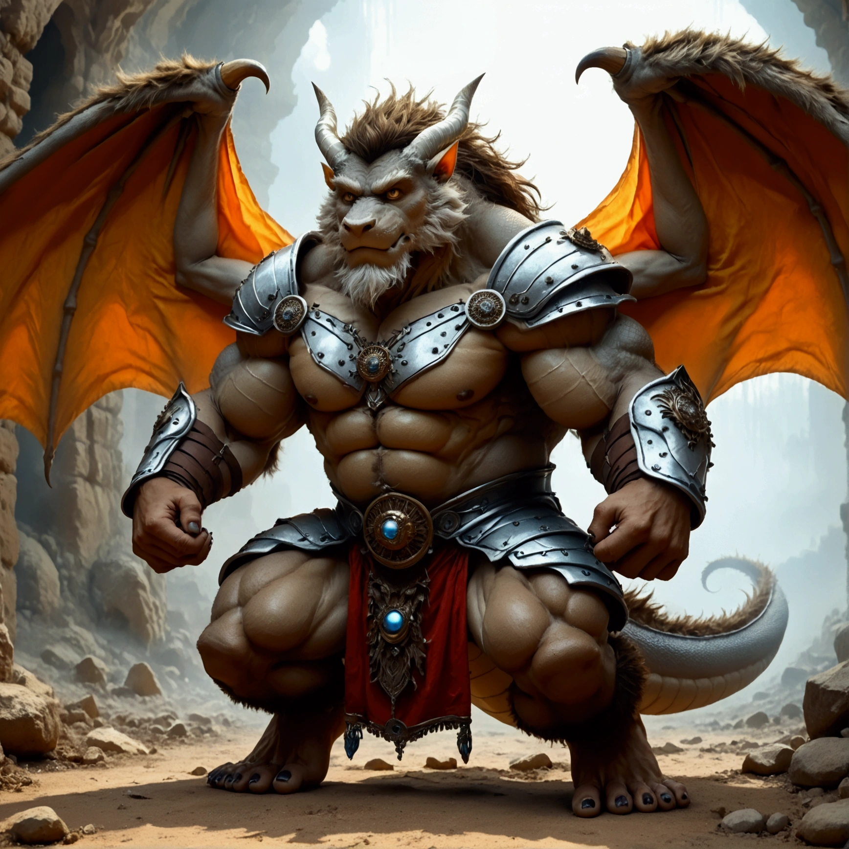 character focus, full body, looking away, dynamic angle, dragon, muscular middle-aged bear man, silver gray skin, dragon wings, dragon muzzle, dragon face, complete anatomy, perfect proportions, beautiful thigh gap, fluffy body, intricate fur details, beautiful fur texture, BREAK (a detailed dragon one tail), detailed toe, 5toes, 5toes nails, detailed foot, BREAK detailed hands, 5fingers, 5fingers nails, BREAK aesthetic anime face, insanity detailed face, male face, big face, square jawline, aesthetic anime eyes, detailed brown eyes, detailed brown cornea, detailed dark brown irises, detailed pupils, male eyes, big eyes, male eyebrows, innocent look, beautiful beard, BREAK costume clothes, armor, loincloth, perfect composition, fighting, quantum electromagnetic life form force, dynamc pose, BREAK full body in Michelangelo Buonarroti style, housamo style, digital illustration anime, detailed painting landscape, kaleidoscopic swirls, old castle, indoor, full color HDR, BREAK masterpiece, official art, best quality, very aesthetic, absurdres, super fine illustration, great quality, BREAK noise reduction, very highres, large filesize, high quality, 32K, 8k wallpaper, dynamic lighting, BREAK insanity detailed, ultra detailed, intricate details, extremely detailed, detailed texture, an extremely delicate and beautiful, BREAK e621 illustration, osukemo, kemohomo, anthropomorphic, furry, cartoon, harmonious body, pastoral face, virtuous eyes, epic atmosphere