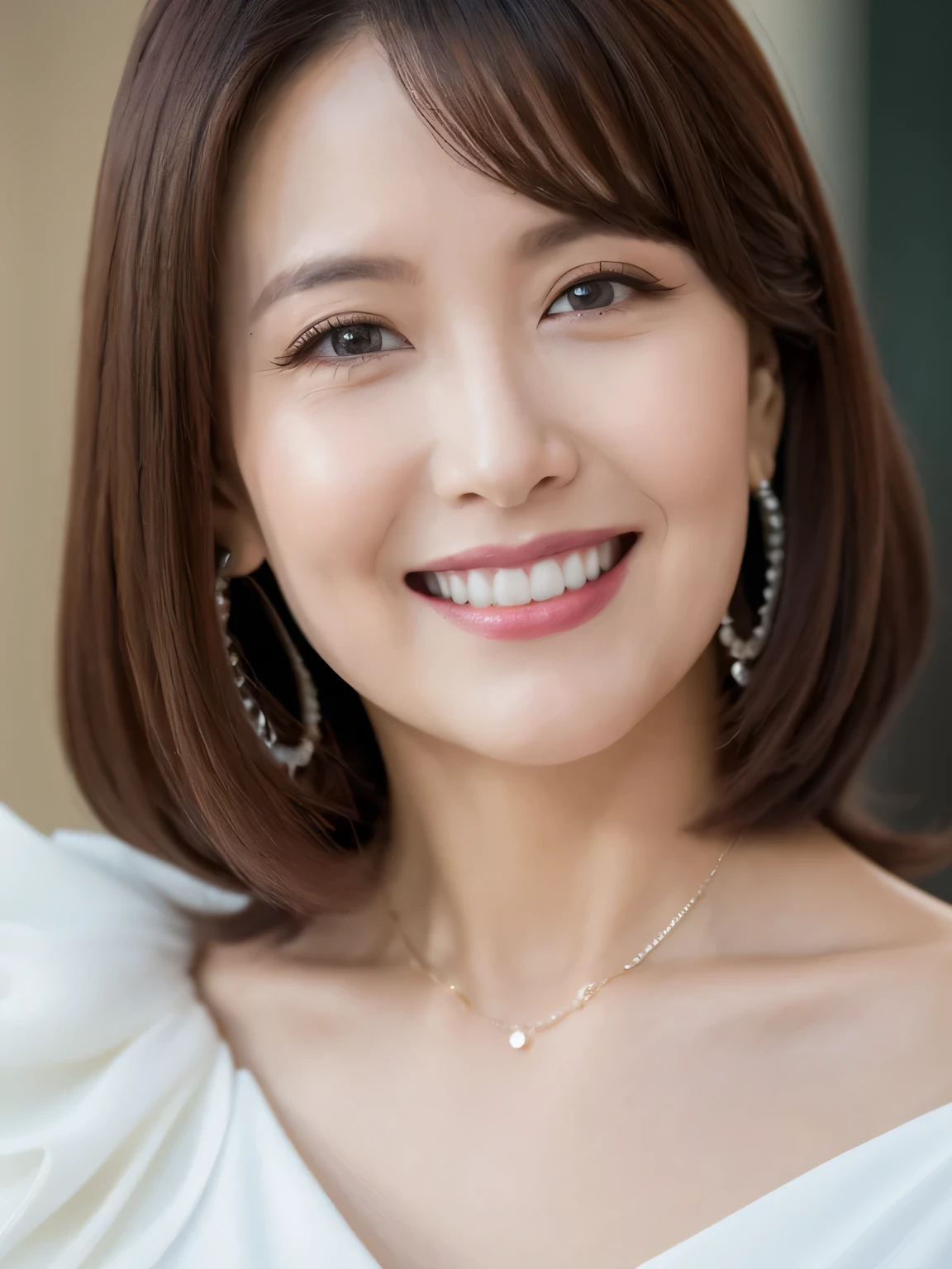 (Solo:1.3),8K, Best quality, Masterpiece, Realistic, Super detail, f/1.2, 85mm, Nikon, Smiling woman with shiny hair, Natural makeup, 50 years old woman, white off-shoulder tops，Ruffled sleeves, Diamond pendant necklace, Emphasize chest, waist shot,