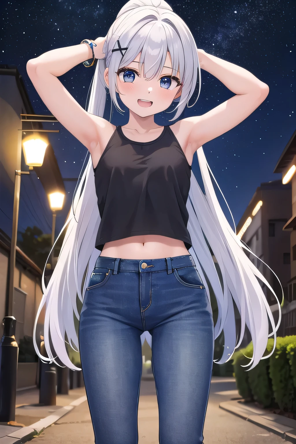1girl, crowd, (((flat chest))), pale skin, slender, pointy breasts, white hair,very long hair, cowboy shot,city streets, very long nipples,(()),fighting stance