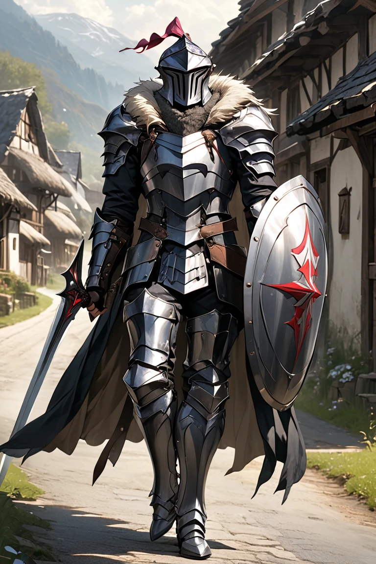 man,  Fairy Slayer , Holy Knight,Wears heavy armor,Holding a shield,,Fur collar , black cape background on village and country road, Full Body View , man,  Very detailed,  high detail