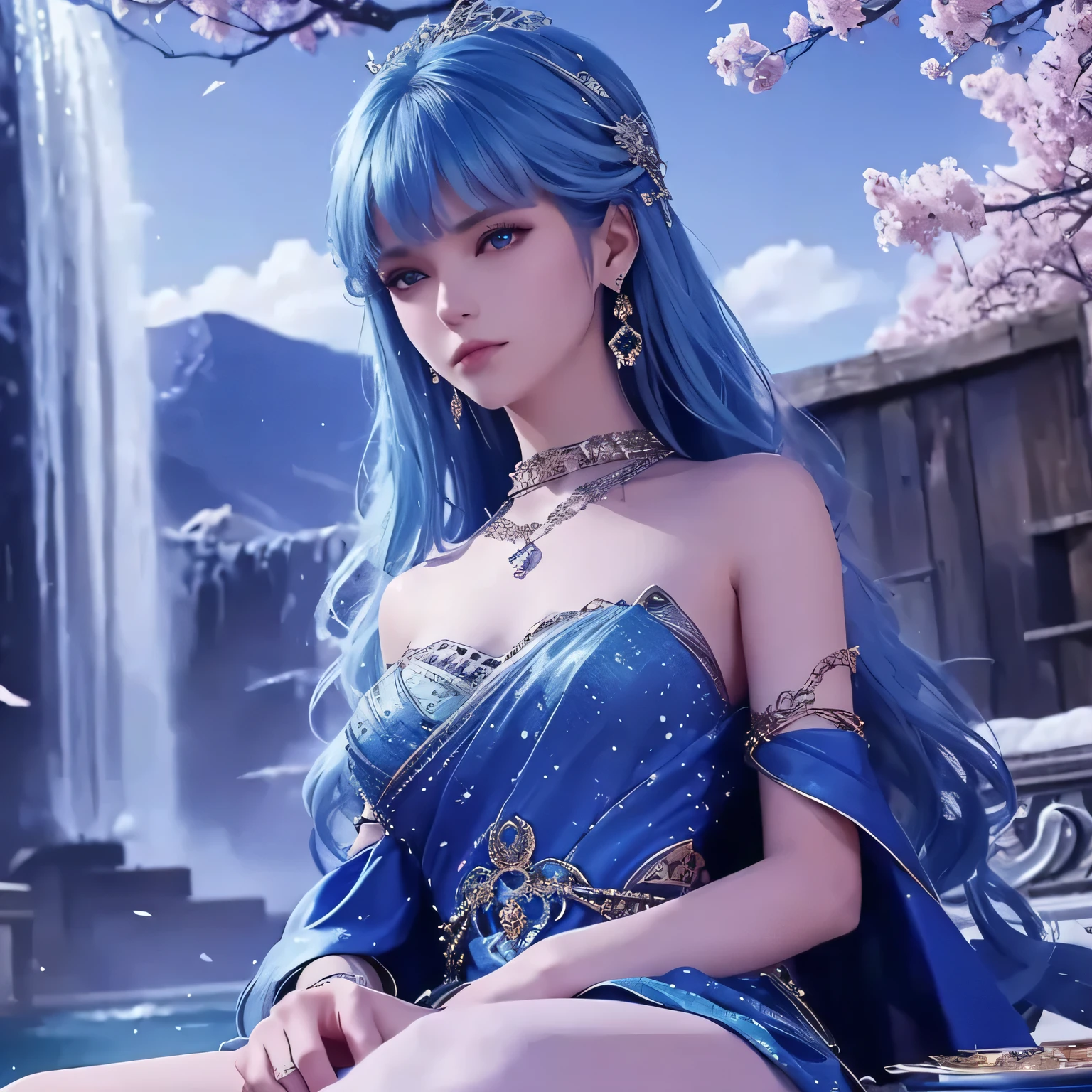 1girl, solo, jewelry, dress, earrings, long_hair, upper_body, blue_dress, bare_shoulders, blue_hair, blue_eyes, hair_ornament, The woman is sitting table in front of a blue sky with white clouds and Sakura there is a tree and a waterfall in the background, closed_mouth, 