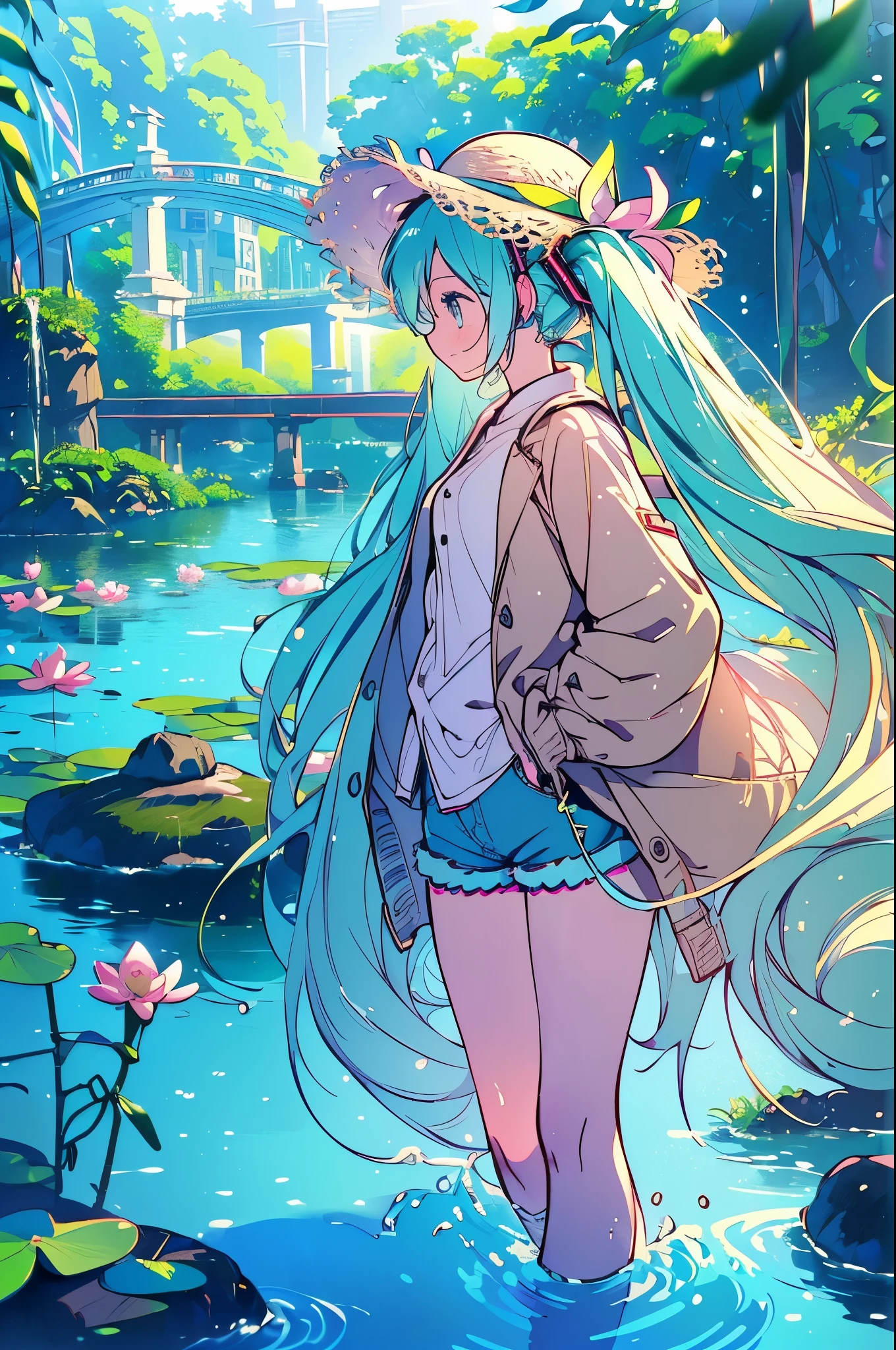 score_9, score_8_up, score_7_up, (masterpiece:1.2), (best quality:1.2), (digital illustration:1.2), intricate details, (1girl:1.3), (Hatsune Miku:1.4), (side profile:1.2), (walking on stone bridge:1.3), (calm | slightly curious expression:1.2), long hair, TwinTails, (blue eyes), (straw hat with wide brim:1.1), (light beige jacket:1.1), (light blue denim shorts:1.2), (hands in jacket pockets:1.1), (surrounded by lush green vegetation:1.2), (pink and white water lilies in water below:1.1), (peaceful atmosphere:1.2), (Lake West Hangzhou background:1.2), (gentle sunlight:1.1), (soft shadows:1.1), anime style, vibrant colors, depth of field, solo focus, sharp detail