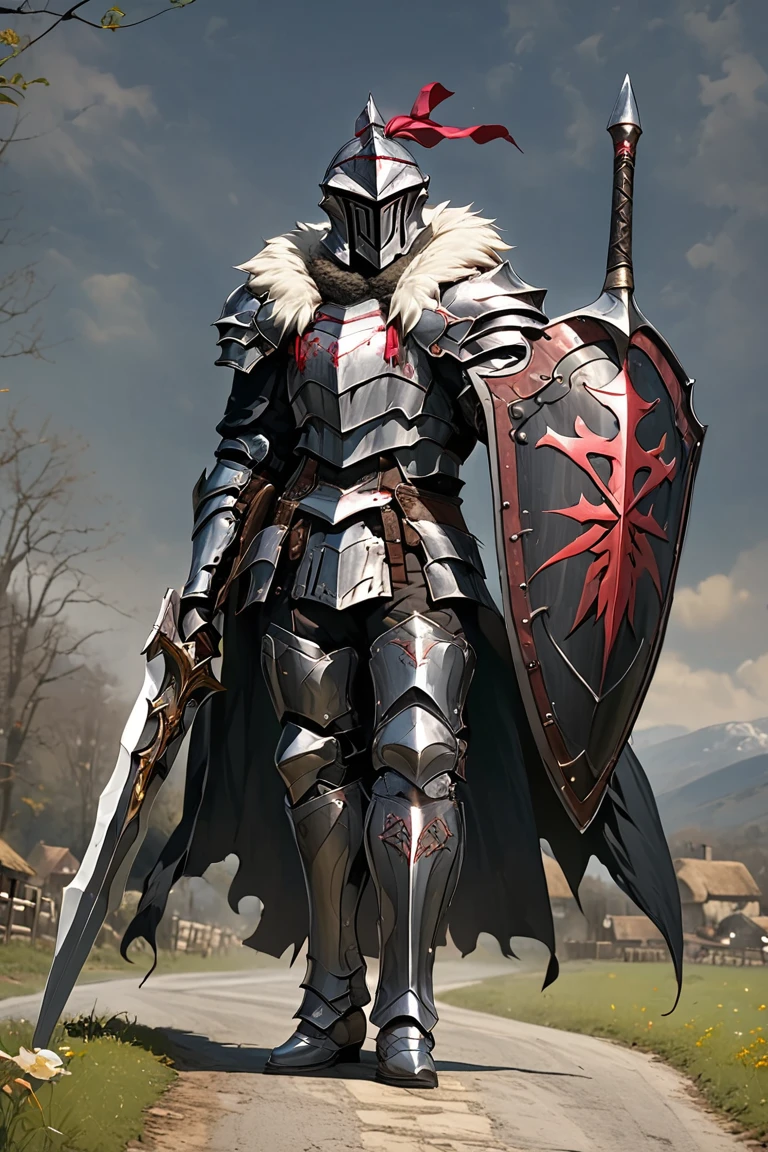 man,  Fairy Slayer , Holy Knight,Wears heavy armor,Holding a shield,,Fur collar , black cape background on village and country road, Full Body View , man,  Very detailed,  high detail