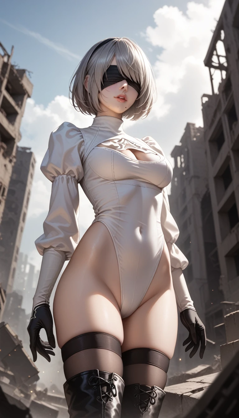 score_9, score_8_up, score_7_up, 32k,masterpiece, highest quality, 
photo realistic, super detail, vibrant colors, chiaroscuro lighting, cinematic lighting,
1 woman, inspired nier automata 2B,
bob cut, gray hair, bangs, mole under mouth, blindfold,
2B leotard, cleavage cutout, skirt, thighhighs under boots,
ruins, a ruined world, devastated cities, dark cloudy sky,
seductive pose, dramatic angle,