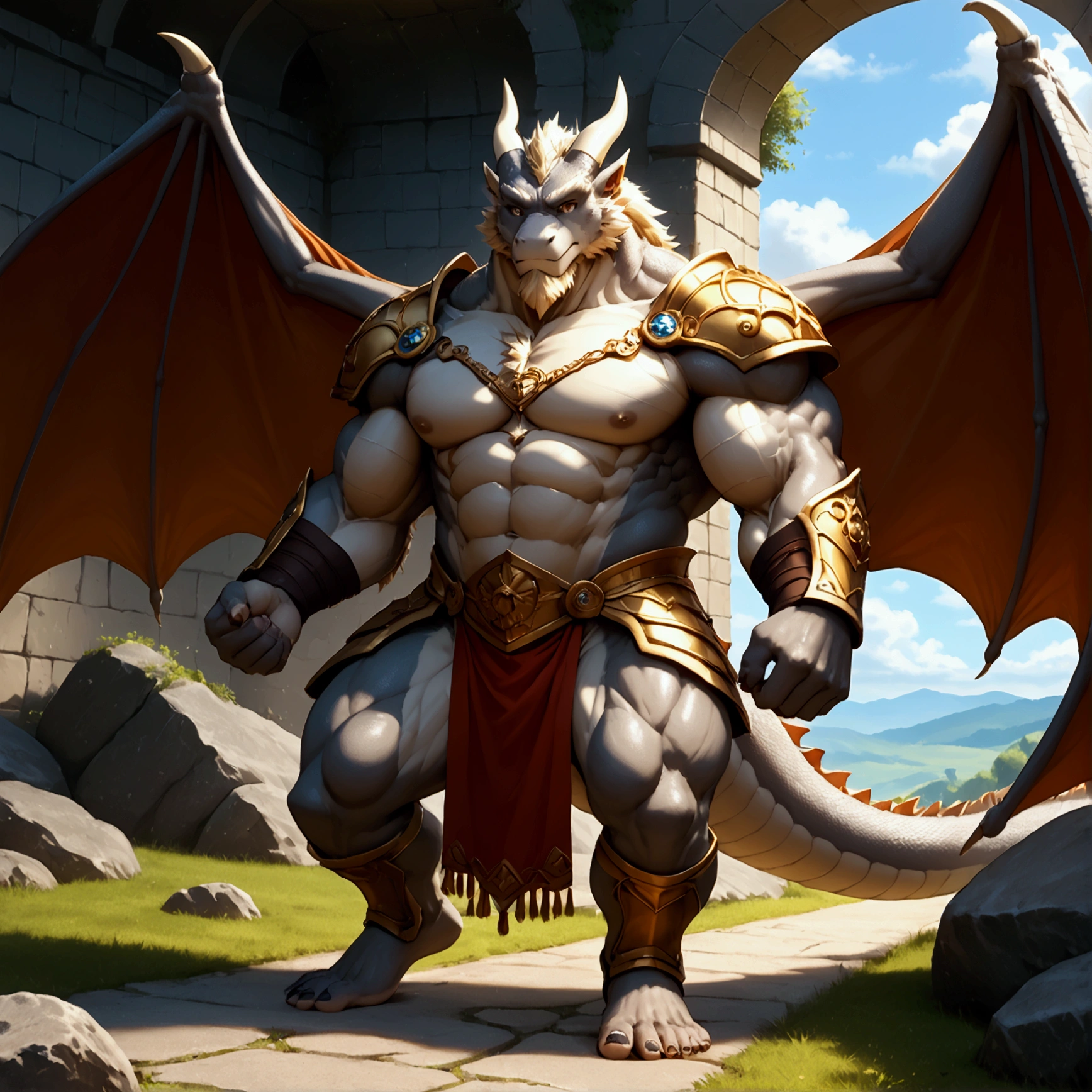 character focus, full body, looking away, dynamic angle, dragon, muscular middle-aged bear man, silver gray skin, dragon wings, dragon muzzle, dragon face, complete anatomy, perfect proportions, beautiful thigh gap, fluffy body, intricate fur details, beautiful fur texture, BREAK (a detailed dragon one tail), detailed toe, 5toes, 5toes nails, detailed dragon foot, BREAK detailed hands, 5fingers, 5fingers nails, BREAK aesthetic anime face, insanity detailed face, male face, big face, square jawline, aesthetic anime eyes, detailed brown eyes, detailed brown cornea, detailed dark brown irises, detailed pupils, male eyes, big eyes, male eyebrows, innocent look, beautiful beard, BREAK costume clothes, armor, loincloth, perfect composition, fighting, quantum electromagnetic life form force, dynamc pose, BREAK full body in Michelangelo Buonarroti style, housamo style, digital illustration anime, detailed painting landscape, kaleidoscopic swirls, old castle, indoor, full color HDR, BREAK masterpiece, official art, best quality, very aesthetic, absurdres, super fine illustration, great quality, BREAK noise reduction, very highres, large filesize, high quality, 32K, 8k wallpaper, dynamic lighting, BREAK insanity detailed, ultra detailed, intricate details, extremely detailed, detailed texture, an extremely delicate and beautiful, BREAK e621 illustration, osukemo, kemohomo, anthropomorphic, furry, cartoon, harmonious body, pastoral face, virtuous eyes, epic atmosphere