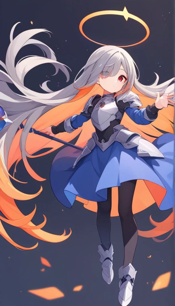 ( masterpiece ),  is the best quality,  super detailed, illustration,  Warm Lighting ,  bright colors , 1 Girl,  alone ,  very long hair, Gray Hair, Orange Hair, Orange inner hair , Red Eyes,  Colored inner hair ,  Two-tone hair , Ahog, Abnormally long hair , orange  Colored inner hair , multicolored hair, Halo, , , Tights,  blue dress , wind,  closed one eye, Staff, skirt, armor, hat, floating,, ,  