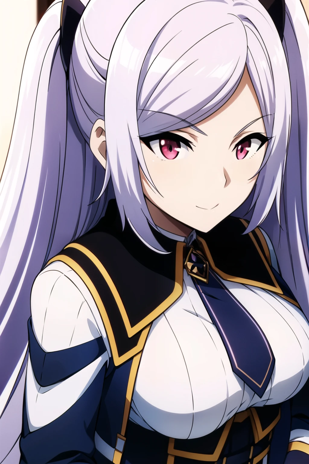 Simple Background,
military, military uniform, blue jacket,white shirt,black necktie, 
red eyes, White hair,bangs,Long_hair,twintails, hair ornament, 
1 girl, 20yo,Young female,Beautiful Finger,Beautiful long legs,Beautiful body,
Beautiful Nose,Beautiful character design, perfect eyes, perfect face,expressive eyes,perfect balance,
looking at viewer,(Focus on her face),closed mouth, (innocent_big_eyes:1.0),(Light_Smile:0.3),
official art,extremely detailed CG unity 8k wallpaper, perfect lighting,Colorful, Bright_Front_face_Lighting,White skin,
(masterpiece:1.0),(best_quality:1.0), ultra high res,4K,ultra-detailed,
photography, 8K, HDR, highres, absurdres:1.2, Kodak portra 400, film grain, blurry background, bokeh:1.2, lens flare, (vibrant_color:1.2),professional photograph,
(Beautiful,large_Breasts:1.4), (beautiful_face:1.5),(narrow_waist),