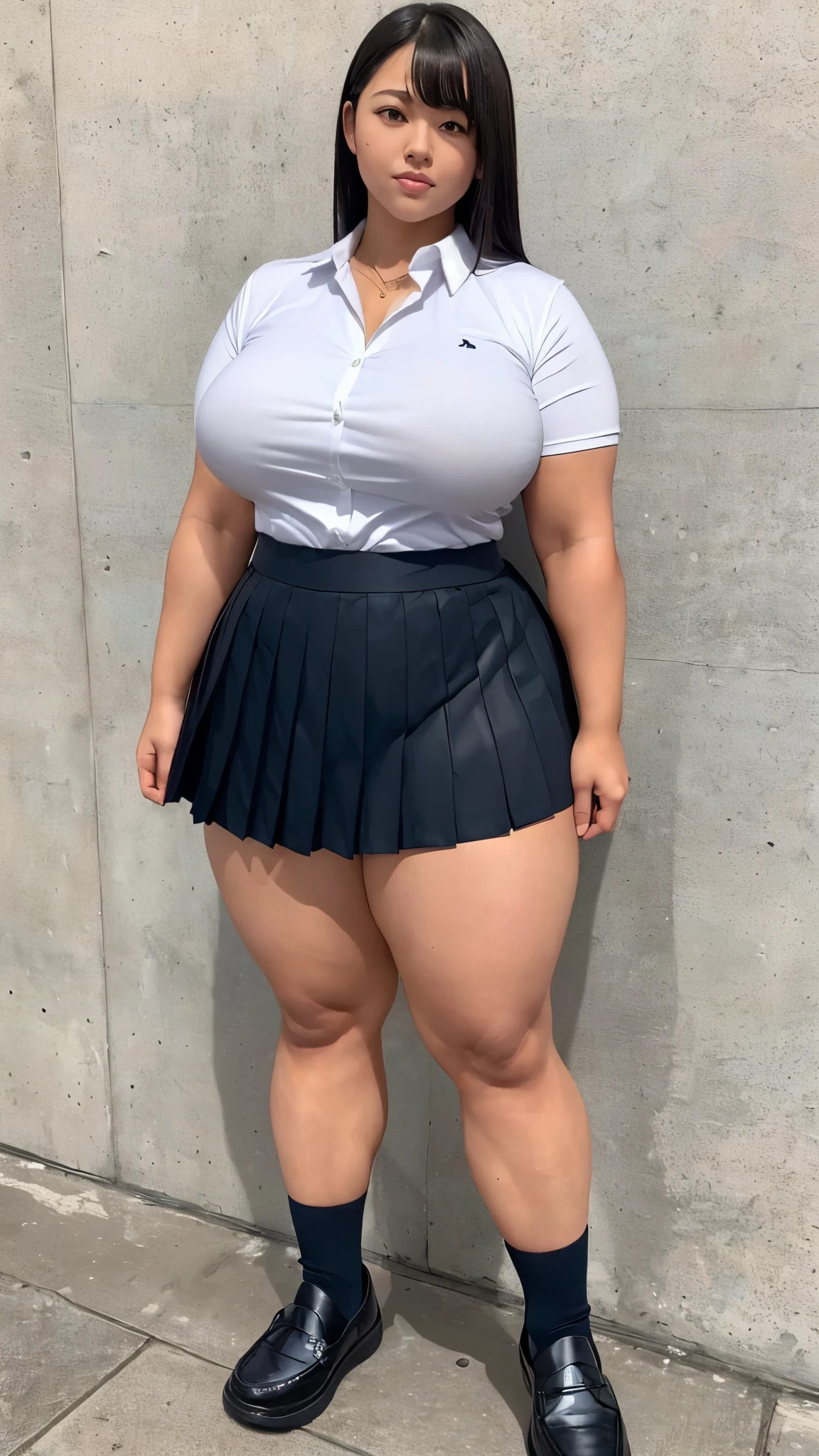 32K,Highest quality,Realistic,A woman with muscular, eye glass,very thick calves,Japanese people with muscles and thick thighs,(((( A cute chubby massive high school student with white skin who looks like an idol standing in the standing , Gigantic wide massive calves, big calves, Huge chubby legs, musclar thighs, Healthy and muscular woman,Very thick and voluptuous lower body, Thick, strong, shiny oiled skin, muscular legs, Very thick thighs, Gigantic Wide Hips, Black Bob ,Whole body image, Sensual ,school uniform, Collared shirt,mini pleated skirt, loafers shoes , Voluptuous body, A beautiful woman, strong muscle legs, athlete body , BBW, Full Body Shot))))