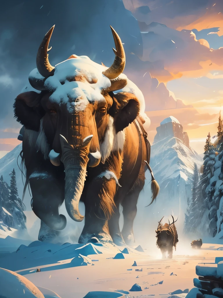 a close up of a mammoth with a long tusk in the snow, wojtek fus, viking shaman, mammoth, giant horns, by Ryan Barger, from pathfinder, the allfather, bison god, tauren, winter concept art, inspired by Ryan Barger, huge horns, by Jesper Ejsing, golden mammoth in a ruined city, best of artstation