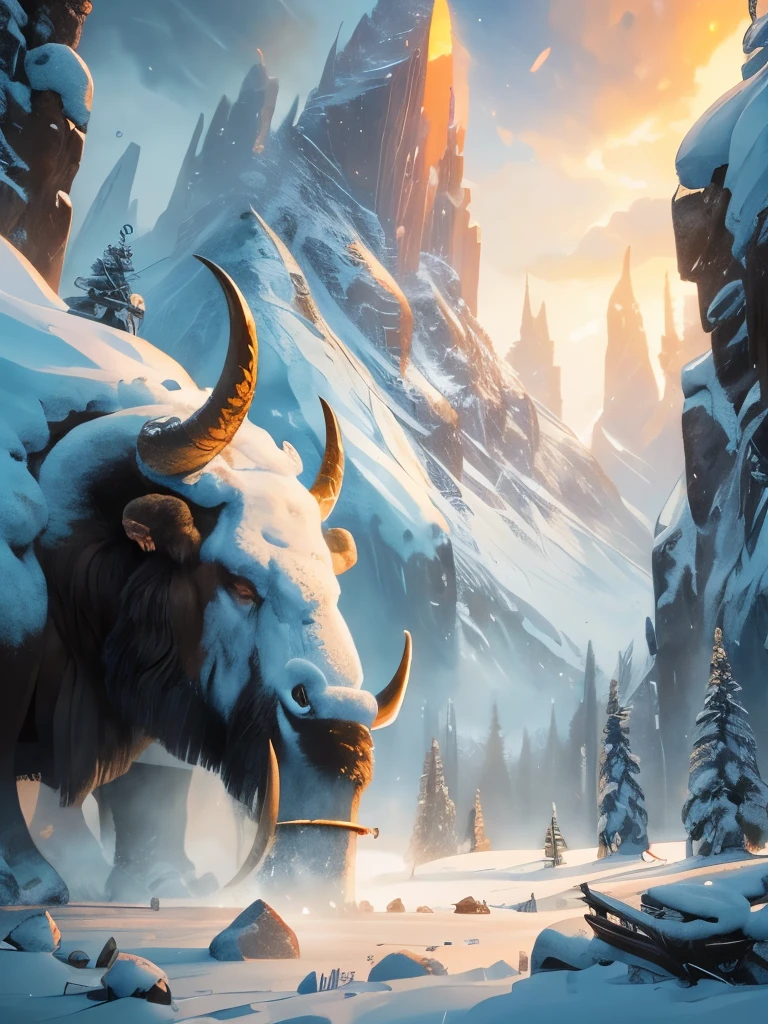 a close up of a mammoth with a long tusk in the snow, wojtek fus, viking shaman, mammoth, giant horns, by Ryan Barger, from pathfinder, the allfather, bison god, tauren, winter concept art, inspired by Ryan Barger, huge horns, by Jesper Ejsing, golden mammoth in a ruined city, best of artstation