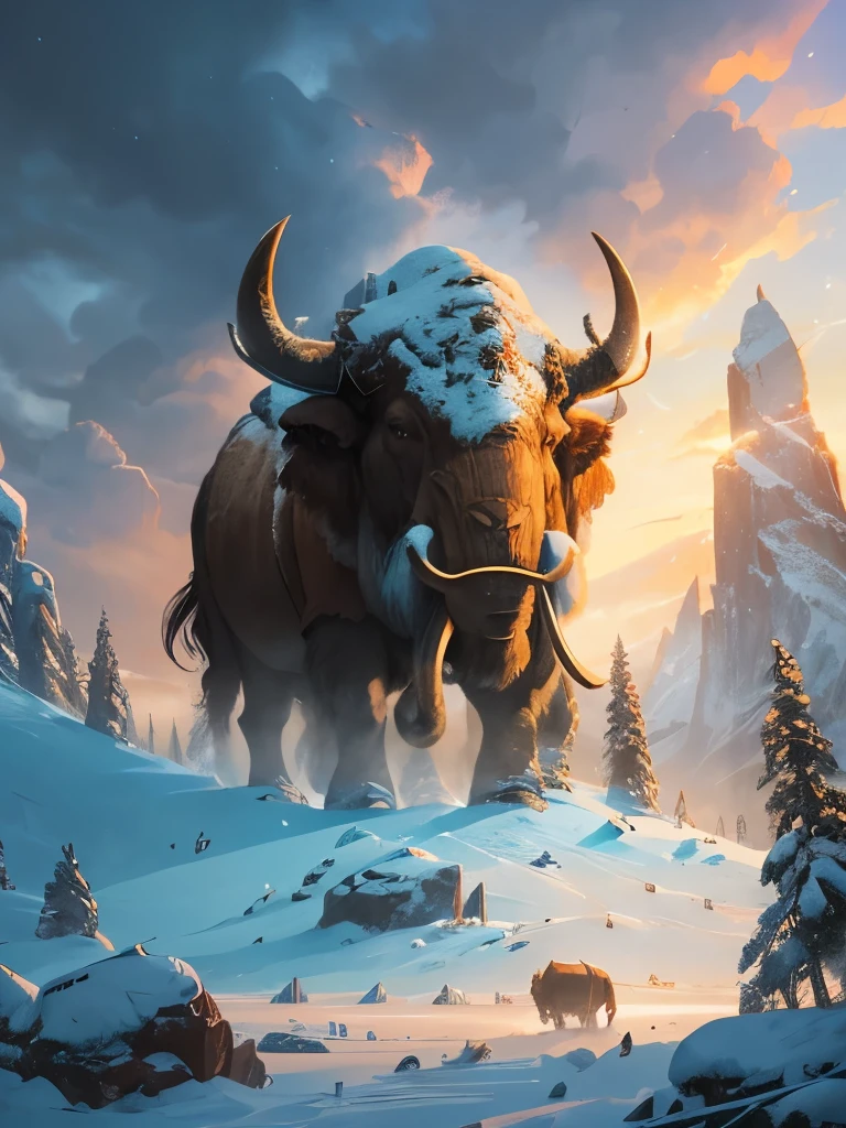 a close up of a mammoth with a long tusk in the snow, wojtek fus, viking shaman, mammoth, giant horns, by Ryan Barger, from pathfinder, the allfather, bison god, tauren, winter concept art, inspired by Ryan Barger, huge horns, by Jesper Ejsing, golden mammoth in a ruined city, best of artstation