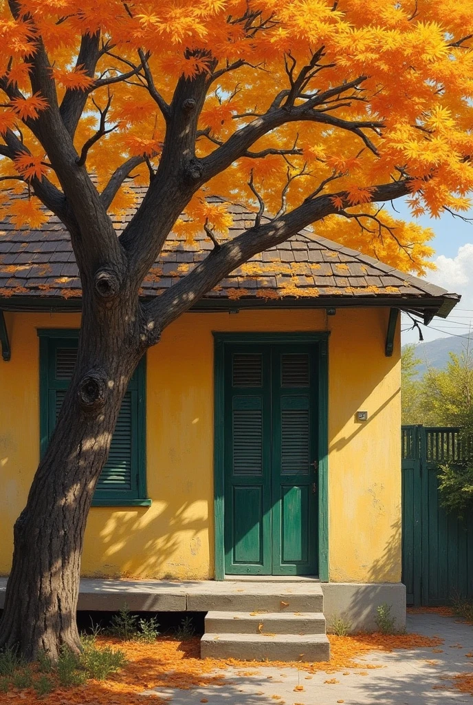  An oil painting of an old house facade with a large tree in front, showcasing vibrant autumn foliage in shades of orange and yellow. The tree's branches extend across the scene, partially covering green-shuttered windows. The house exterior has a faded yellow wall with signs of aging, and the windows are painted in a deep green, with weathered wood adding a rustic charm. The overall scene captures a nostalgic, tranquil autumn atmosphere, with sunlight filtering through the leaves, evoking a sense of peace and history.