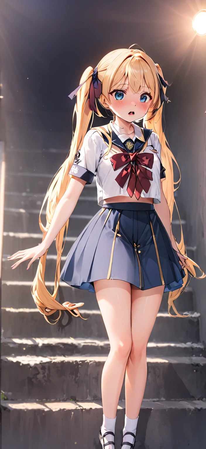 1 woman,High school girl, beautiful woman, white uniform, navy blue skirt,The tie is red,Blonde, Twin Tails,Surprised,blush, not looking at me,Blue eyes,I'm holding my mouth with my hand ,Surprised,Looking Down