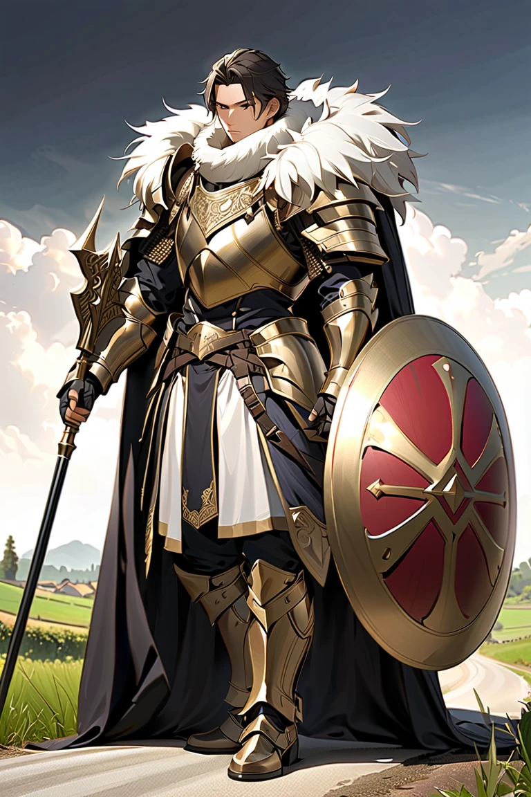 man,  Fairy Slayer , Holy Knight,Wears heavy armor(White,gold),Holding a shield,,Fur collar , black cape background on village and country road, Full Body View , man,  Very detailed,  high detail