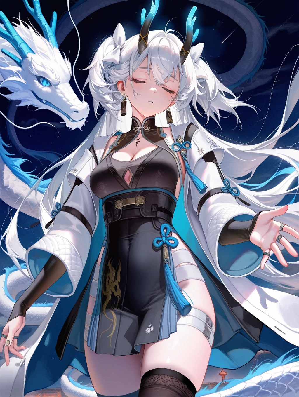 (teens girl)，（drak（critters）），（Black and white tones），（Vacated，Being in the air），（the sky background），（Chinese magic robe），（long sword），（combats），（China-style），（comic strip），（Ink wind），（dynamic angle），（Optimization of facial features），（Dragon），（White Dragon），（Traditional Chinese dragon），（The dragon surrounds the maiden），（There is a white Chinese dragon on its back），（iintricate），（ultra - detailed），（best detail），（Bright colors），（opulent），（tmasterpiece），（sharp fokus），（Dynamic effects），（holy），（attractive cleavage），（fang），（mito），（high high quality），（perfect  eyes），（Detailed body），（highly  detailed），（epic），（fanciful）
