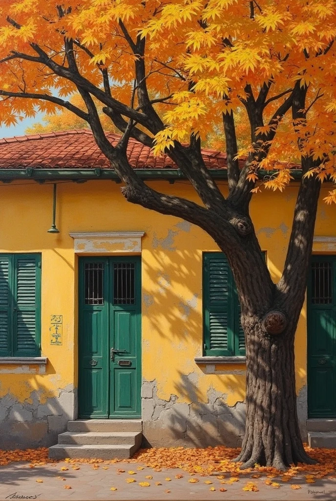  An oil painting of an old house facade with a large tree in front, showcasing vibrant autumn foliage in shades of orange and yellow. The tree's branches extend across the scene, partially covering green-shuttered windows. The house exterior has a faded yellow wall with signs of aging, and the windows are painted in a deep green, with weathered wood adding a rustic charm. The overall scene captures a nostalgic, tranquil autumn atmosphere, with sunlight filtering through the leaves, evoking a sense of peace and history.