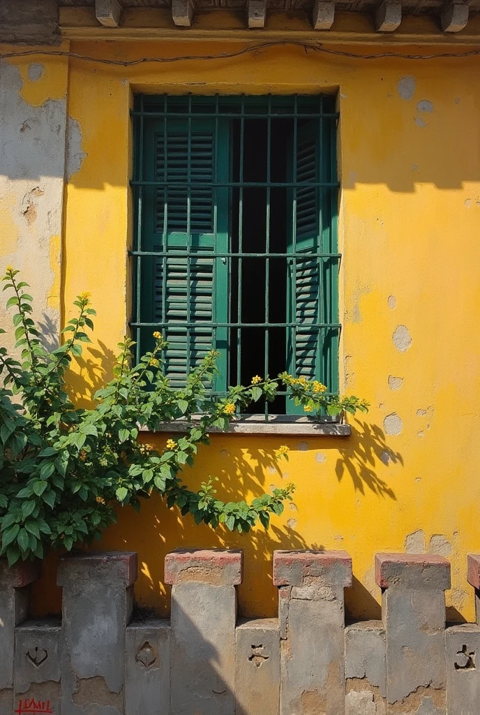 An oil painting of an old, yellowed wall of a vintage house, with a dark green window partially open and barred, contrasting with faded yellow paint. Below the window, green vines with small yellow flowers grow, adding a touch of nature to the aged, rustic architecture. The lower part of the painting shows a traditional cement and brick fence with simple geometric patterns. Soft sunlight from the right casts gentle shadows on the wall, emphasizing the texture of decay and evoking a nostalgic and peaceful atmosphere."