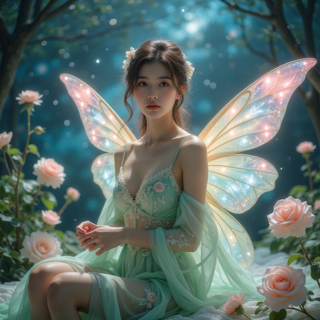 4K Ultra HD,  masterpiece ,  a girl , Good face,  delicate eyes , Delicate lips, Flower fairy girl, Big Wings, Transparent wings, neon, (Galaxy Background:1.5), ( Floral dress:1.5), ( Green Dress ), In Heaven, Sitting,