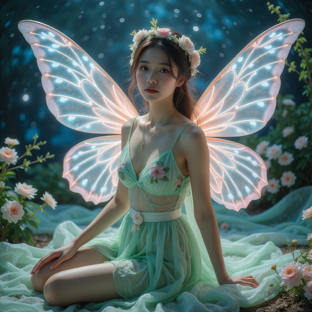 4K Ultra HD,  masterpiece ,  a girl , Good face,  delicate eyes , Delicate lips, Flower fairy girl, Big Wings, Transparent wings, neon, (Galaxy Background:1.5), ( Floral dress:1.5), ( Green Dress ), In Heaven, Sitting,