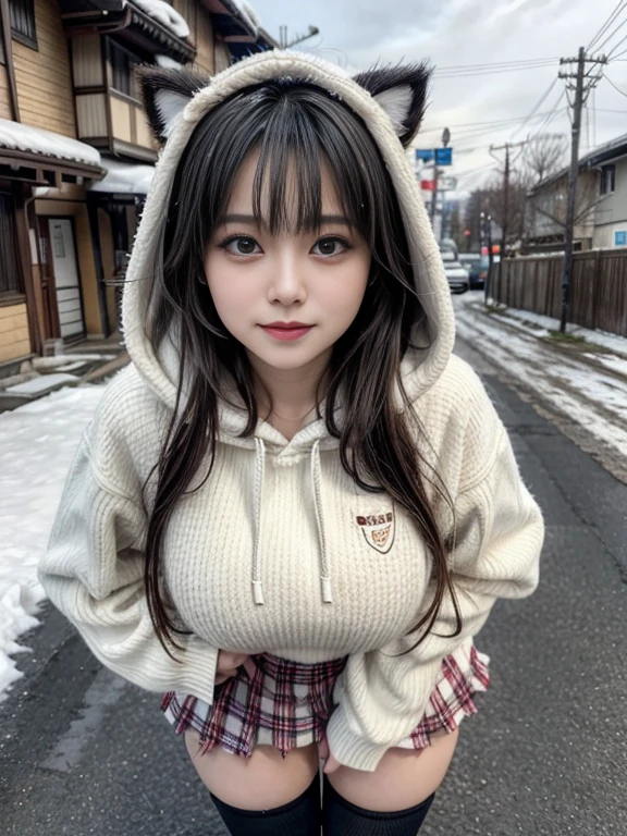 Masterpiece, bokeh, 4K, Beautiful high school girl, (Japanese idle:1.6), (cow pattern sweater:1.3), (Cat ears:1.3), (Big cows:1.6), sundown classroom,