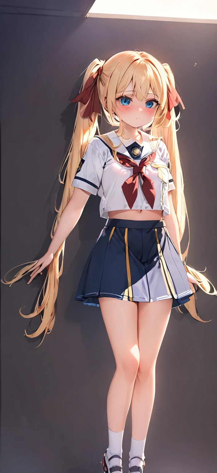 1 woman,High school girl, beautiful woman, white uniform, navy blue skirt,The tie is red,Blonde, Twin Tails,blush, not looking at me,Blue eyes,Looking Down,The expression that noticed something