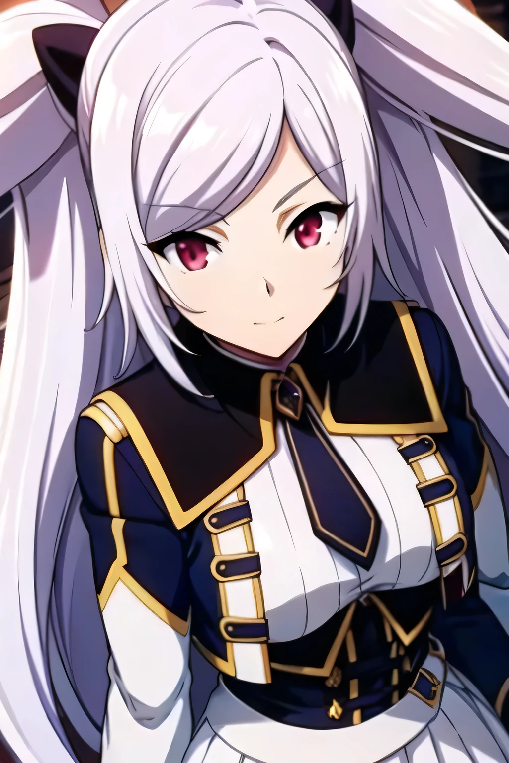 Simple Background,
military, military uniform, blue jacket,white shirt,black necktie, 
red eyes, White hair,bangs,Long_hair,twintails, hair ornament, 
1 girl, 20yo,Young female,Beautiful Finger,Beautiful long legs,Beautiful body,
Beautiful Nose,Beautiful character design, perfect eyes, perfect face,expressive eyes,perfect balance,
looking at viewer,(Focus on her face),closed mouth, (innocent_big_eyes:1.0),(Light_Smile:0.3),
official art,extremely detailed CG unity 8k wallpaper, perfect lighting,Colorful, Bright_Front_face_Lighting,White skin,
(masterpiece:1.0),(best_quality:1.0), ultra high res,4K,ultra-detailed,
photography, 8K, HDR, highres, absurdres:1.2, Kodak portra 400, film grain, blurry background, bokeh:1.2, lens flare, (vibrant_color:1.2),professional photograph,
(Beautiful,large_Breasts:1.4), (beautiful_face:1.5),(narrow_waist),