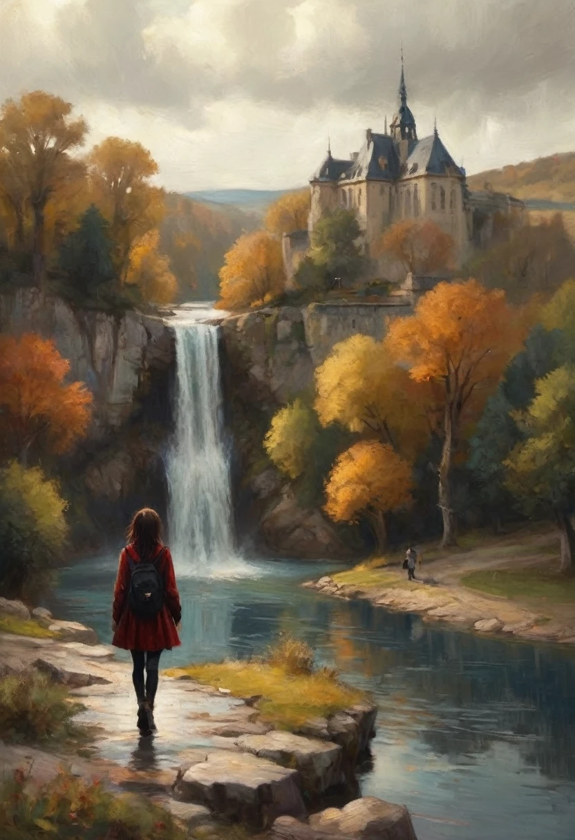 solemnly beautiful from a high up angle, skinny emo french woman, warm colors, walking on a lake with a waterfall, emo woman emo