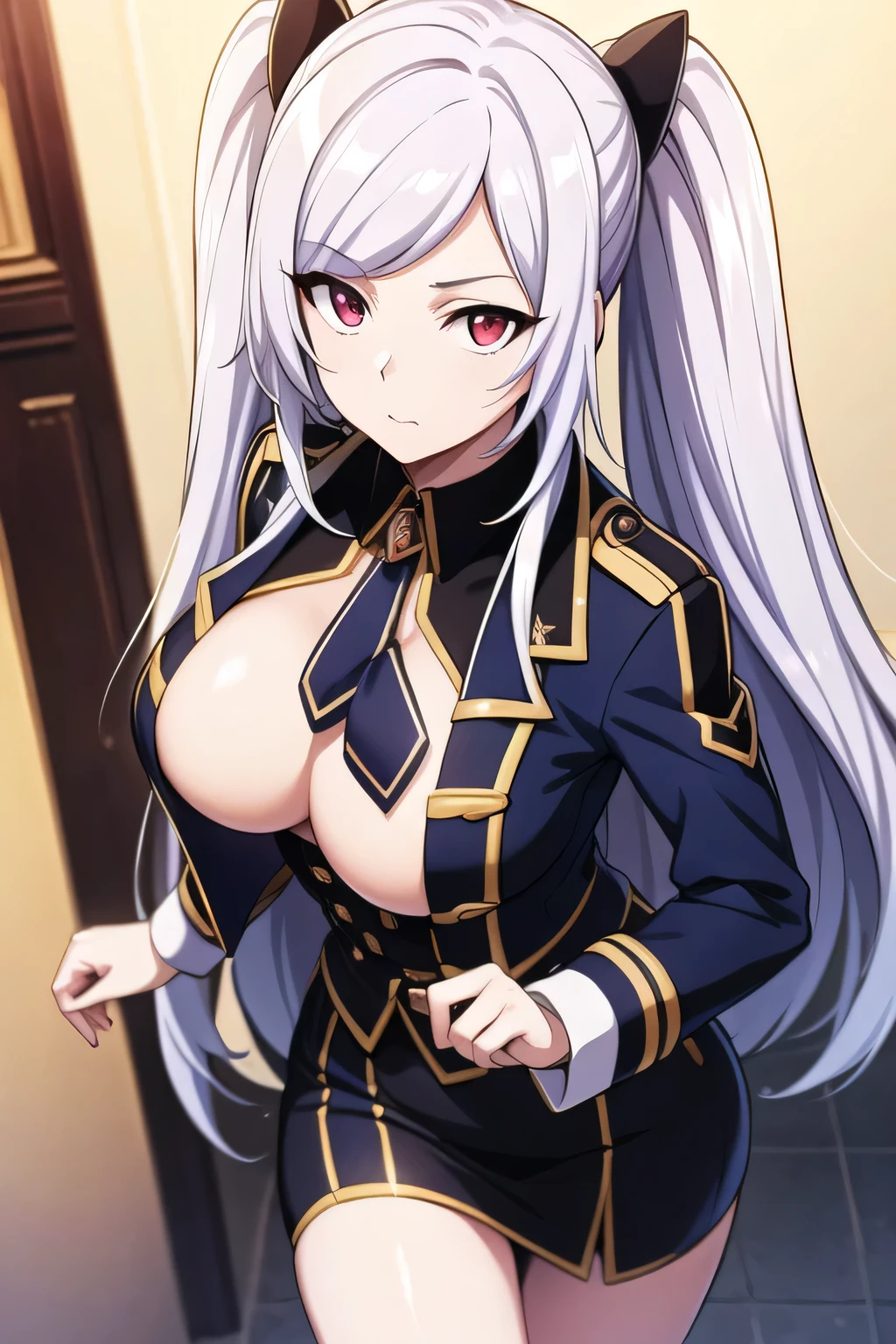 Simple Background,
military, military uniform, blue jacket,white shirt,black necktie, 
red eyes, White hair,bangs,Long_hair,twintails, hair ornament, 
1 girl, 20yo,Young female,Beautiful Finger,Beautiful long legs,Beautiful body,
Beautiful Nose,Beautiful character design, perfect eyes, perfect face,expressive eyes,perfect balance,
looking at viewer,(Focus on her face),closed mouth, (innocent_big_eyes:1.0),(Light_Smile:0.3),
official art,extremely detailed CG unity 8k wallpaper, perfect lighting,Colorful, Bright_Front_face_Lighting,White skin,
(masterpiece:1.0),(best_quality:1.0), ultra high res,4K,ultra-detailed,
photography, 8K, HDR, highres, absurdres:1.2, Kodak portra 400, film grain, blurry background, bokeh:1.2, lens flare, (vibrant_color:1.2),professional photograph,
(Beautiful,large_Breasts:1.4), (beautiful_face:1.5),(narrow_waist),