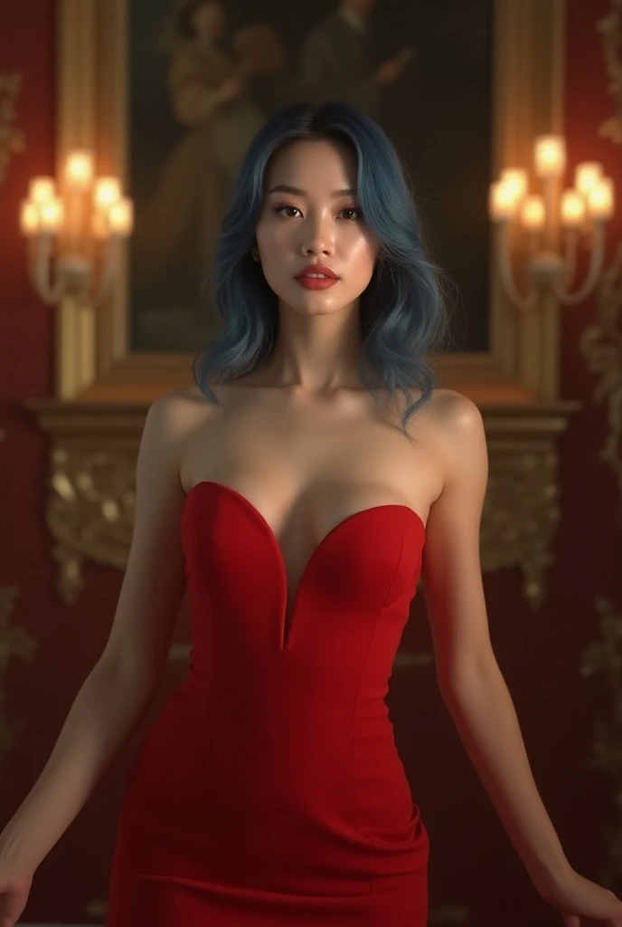 (Best quality,8K,A high resolution,Masterpiece:1.2, DSLR, 16k ),Ultra-detailed,(Realistic,Photorealistic,photo-realistic:1.37),Portrait, Creative style artwork, Historical, classical, Sophisticated, plethora of colors ,Highly detailed, Soft lighting, luxurious environment , black dress, there is young woman , girl wearing a red classy royal dress, performing a music video, slim fit (oval perfect shape, asymmetrical face structure, perfect proportion, almond eye type, hazal eye color, detailed eyes, blue hair color, 32 inch breasts, hourglass figure, slim body, pale white skin tone ,sexy girl, 2, soft wavy hair, looking away, attitude expression, professional makeup, pink lips)