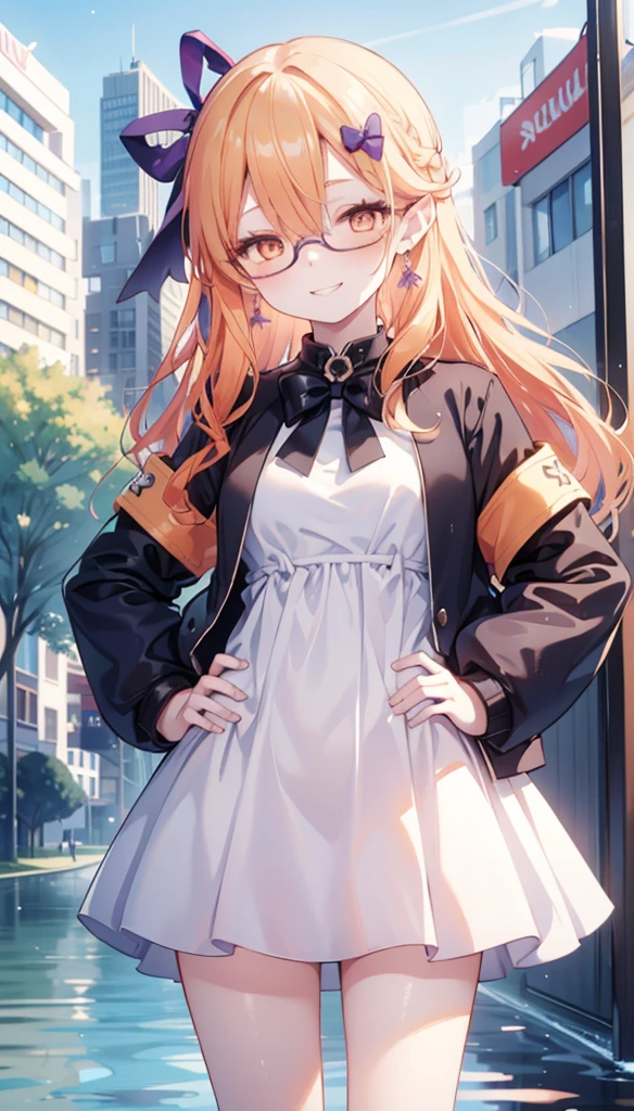 1 Girl,  alone , Go to the river, Orange Hair, Drilling hair, Wearing glasses, Orange Eyes, Jewelry, bow,  white dress, Purple Jacket, period, earrings, have,  to a standing, Hands on hips,  looks at the audience,  closed one eye, giggle, Outdoors, City 