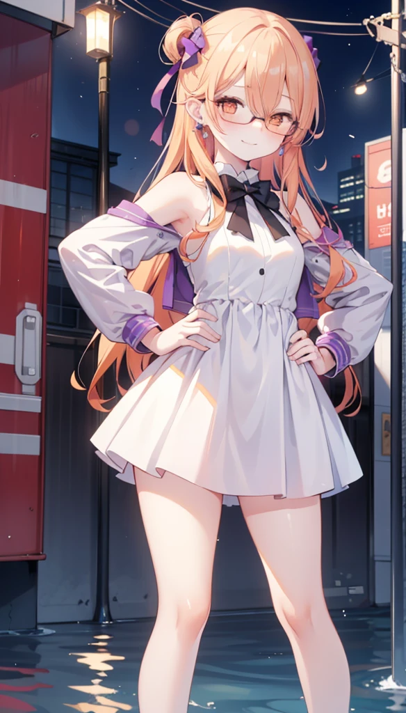 1 Girl,  alone , Go to the river, Orange Hair, Drilling hair, Wearing glasses, Orange Eyes, Jewelry, bow,  white dress, Purple Jacket, period, earrings, have,  to a standing, Hands on hips,  looks at the audience,  closed one eye, giggle, Outdoors, City 