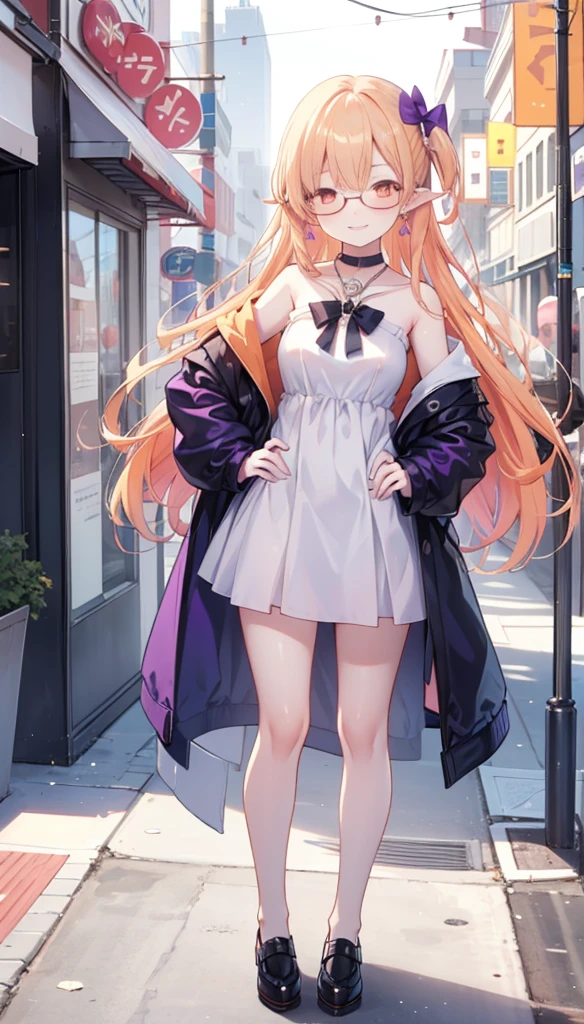 1 Girl,  alone , Go to the river, Orange Hair, Drilling hair, Wearing glasses, Orange Eyes, Jewelry, bow,  white dress, Purple Jacket, period, earrings, have,  to a standing, Hands on hips,  looks at the audience,  closed one eye, giggle, Outdoors, City 