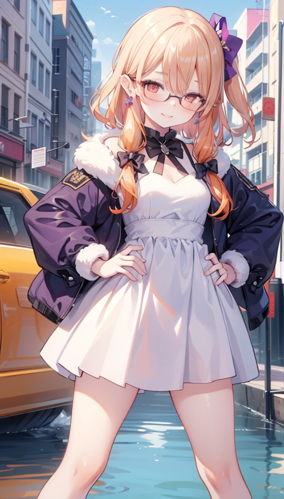 1 Girl,  alone , Go to the river, Orange Hair, Drilling hair, Wearing glasses, Orange Eyes, Jewelry, bow,  white dress, Purple Jacket, period, earrings, have,  to a standing, Hands on hips,  looks at the audience,  closed one eye, giggle, Outdoors, City 