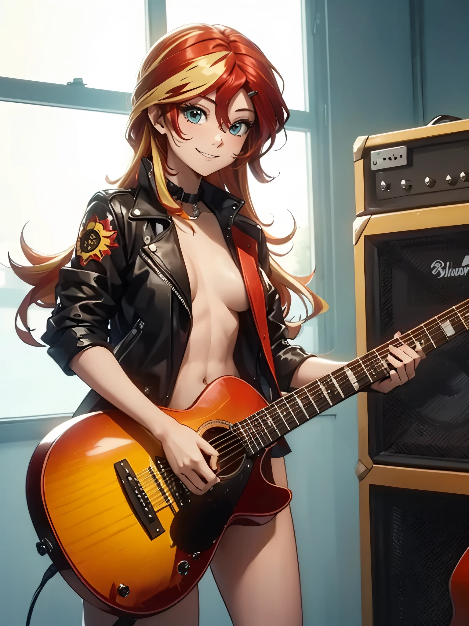 masterpiece, best quality, ultra-detailed, illustration, an extremely delicate and beautiful,high resolution, ultra-detailed,,perfect face,slender perfect body, Tight belly,Toned buttocks,Constricted waist,,(girl plays the guitar:1.7), (black skin:1.3),15yono make,(yellow hair),(braided hair),(rock and roll star:1.3),(big smile),(open shirt:1.2),(tattoo on thigh:1.3),(very short hair), shy daughter, short stature,(rock and roll star:1.3),(big breasts),(on a luxurious stage), (band girl),((very wide shot )),( sweaty skin:1.2),(low view:1.5),(spread legs:1.3),white panties