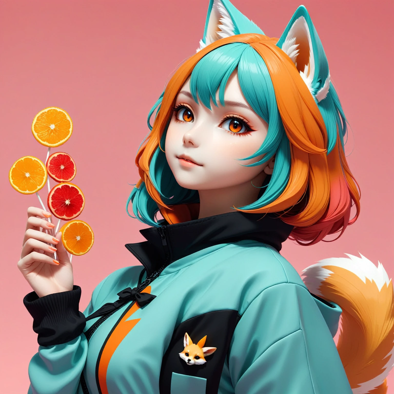 score_9, score_8_up, score_7_up, score_6_up, score_5_up, score_4_up, source_anime, BREAK girl, 3d render of a beautiful girl with multicolor hair and fennec fox long ears, (fennec), kawaii, black and red color palette, orange slices, orange sugar candy, dusdjajkda