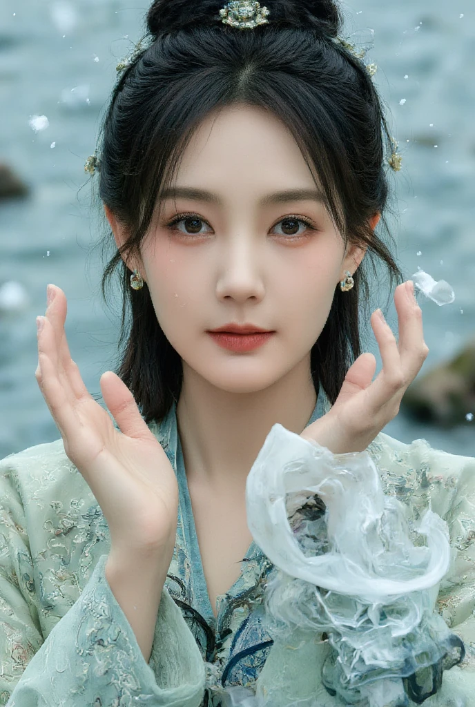 1 girl (extremely beautiful face), hanfu,realistic,
(Masterpiece, high quality, best, official art, beautiful and beautiful, long-term contact:1.2),smooth movement,charming patterns,
1 girl,jade eyes,long black hair,
Portrait,alone,upper body,watching audience,detailed background,detailed facial information,(crystalline aluminum, crystal theme:1.1),elemental water wizard,swirling water,controlling the water,fantasy wizard clothing,dynamic posture,floating particles,ethereal dynamics,water,steam,background for the ocean,blue tones,coast,sacred atmosphere,