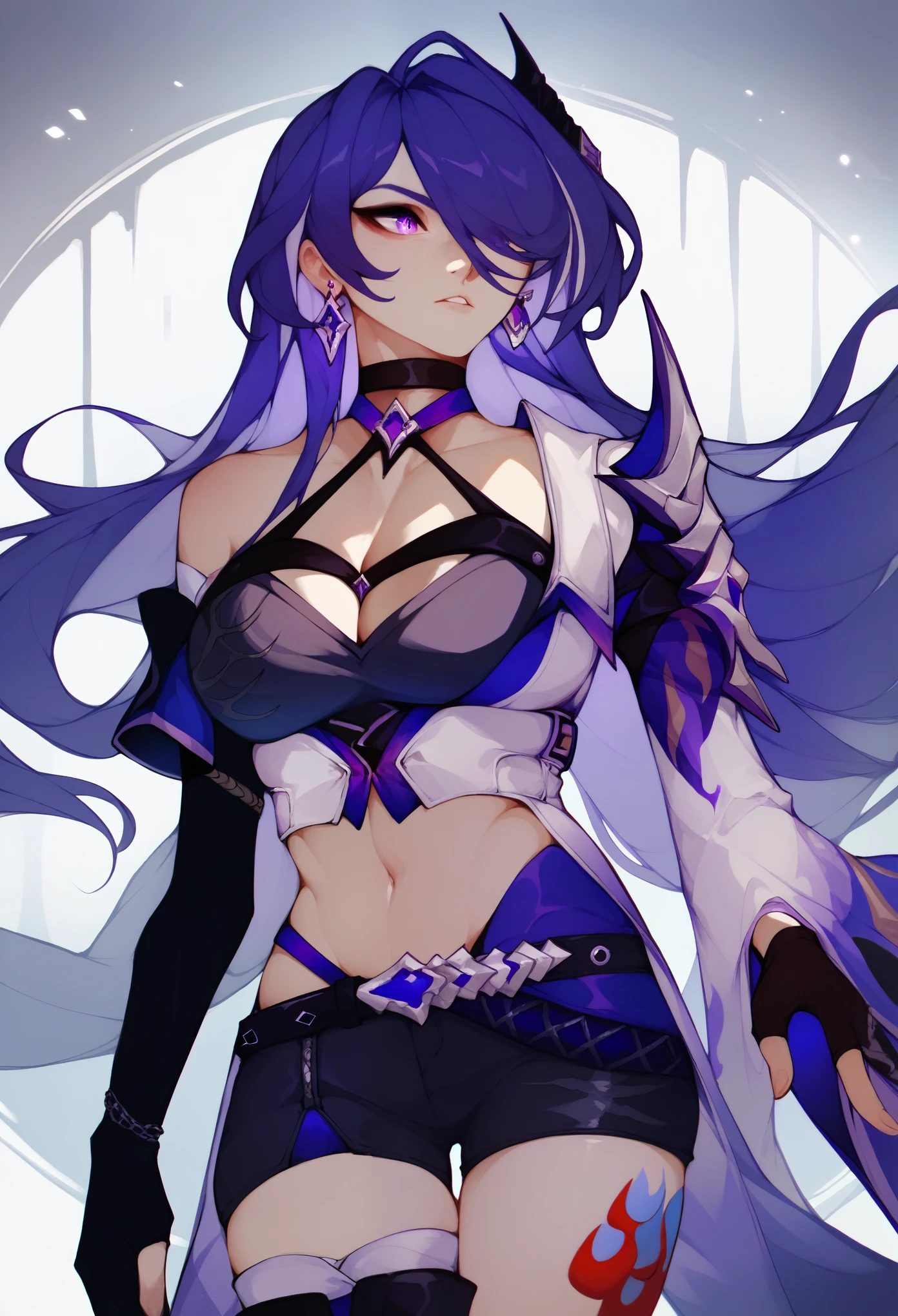 acherondef, purple hair, long hair, hair over one eye, hair ornament, purple eyes, single shoulder pad, asymmetrical clothing, navel, midriff, coat, halterneck, cleavage, choker, large breasts, crop top, wide sleeve, elbow glove, black gloves, black shorts, belt, thigh boot, knee boot, asymmetrical legwear, leg tattoo, fingerless gloves, earrings